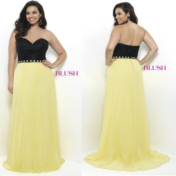 NWT Blush Prom Lemon Yellow & Black Prom Gown, Sz 18W - Picture 1 of 10